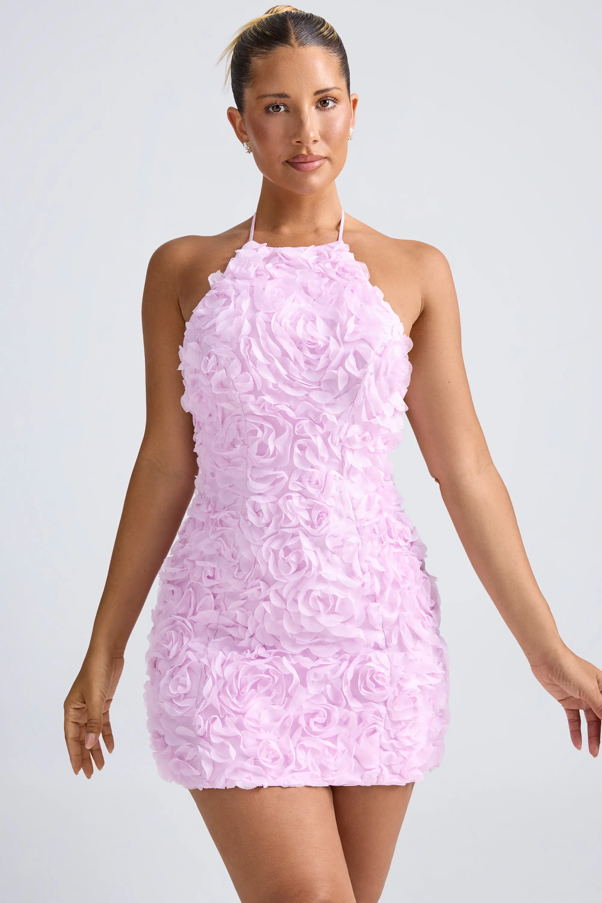 Floral-Appliqué Halterneck A-Line Mini Dress in Lilac sold by Oh Polly