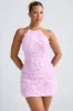 Floral-Appliqué Halterneck A-Line Mini Dress in Lilac sold by Oh Polly