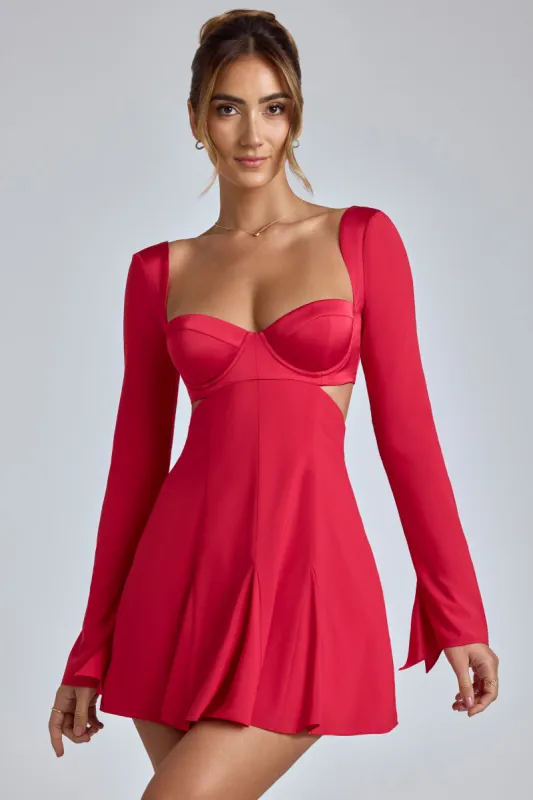 Long Sleeve Godet Mini Dress in Cherry Red sold by Oh Polly