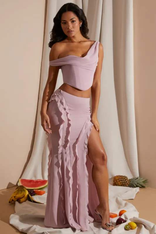 Mid Rise Ruffle Detail Maxi Skirt in Blush sold by Oh Polly