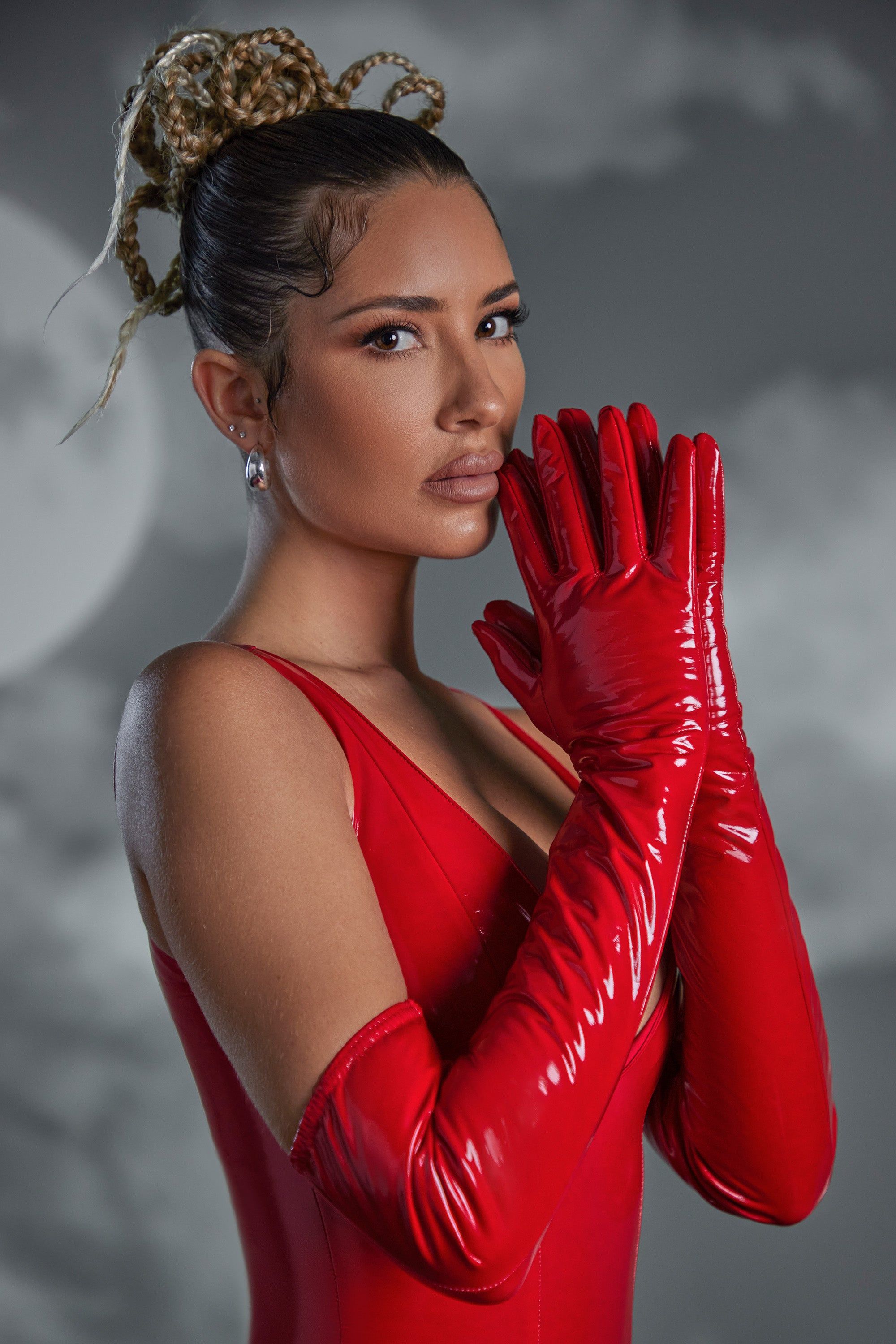 Hand Stitched Vinyl Opera Gloves in Red | Parallel