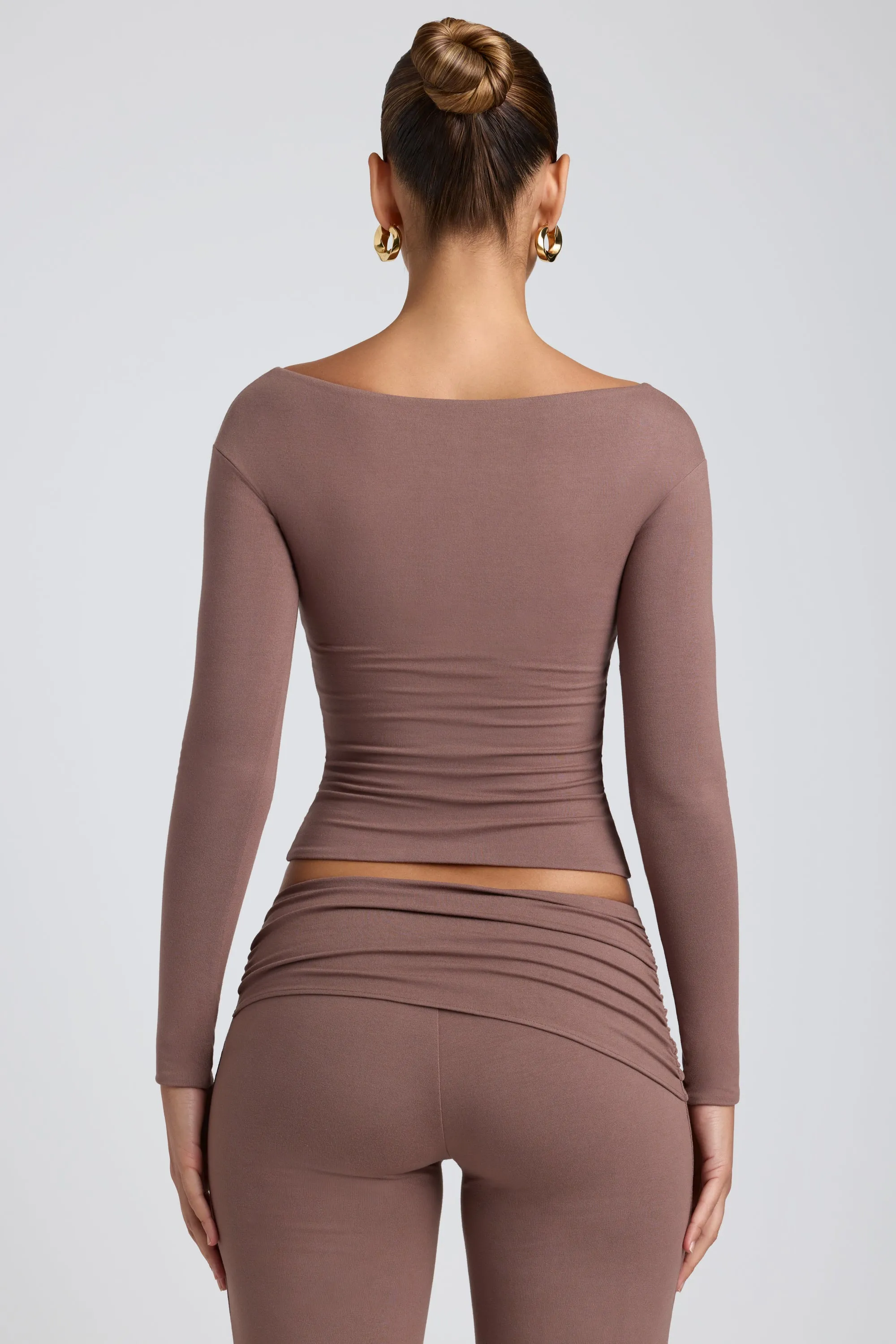 Modal Twist-Front Long-Sleeve Crop Top in Taupe sold by Oh Polly product image thumbnail 2