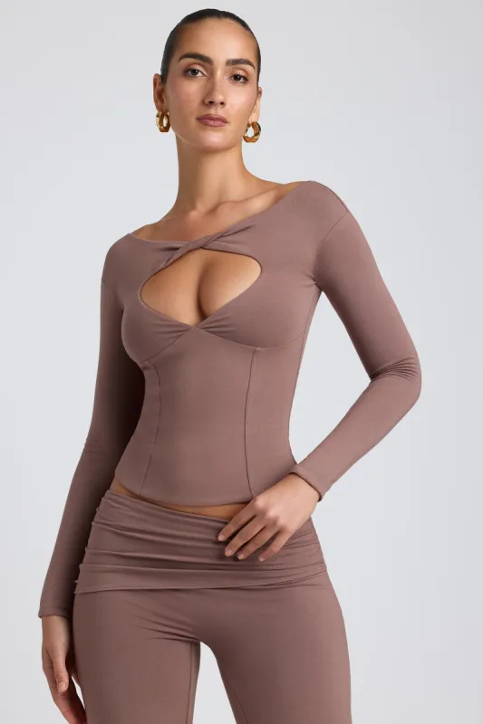 Modal Twist-Front Long-Sleeve Crop Top in Taupe sold by Oh Polly