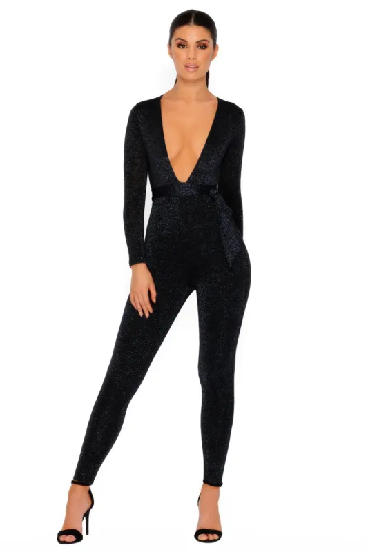 Glisten Closely Metallic Knit Belted Jumpsuit in Black sold by Oh Polly