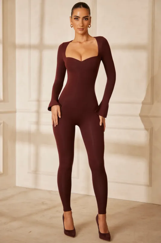 Tall Sweetheart Neckline Long Sleeve Jumpsuit in Brown sold by Oh Polly