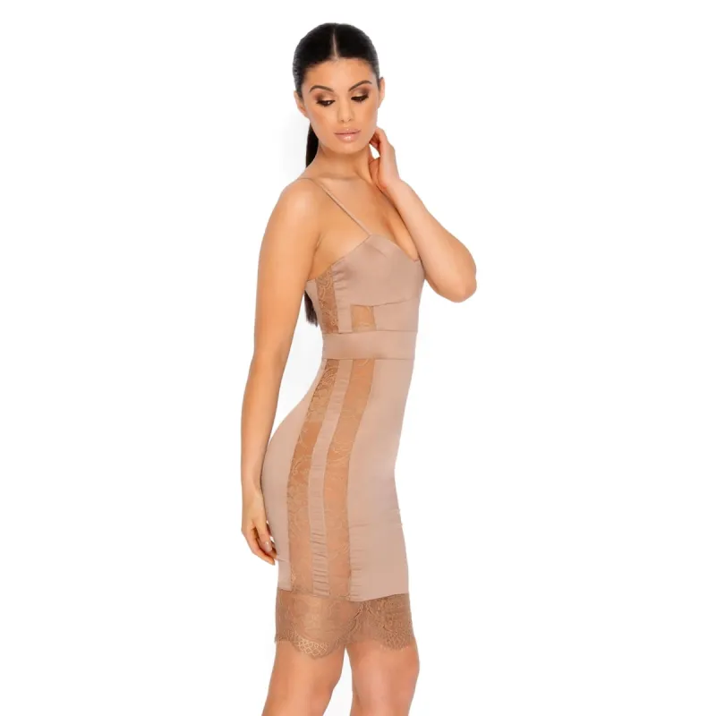 Side'ing In Your Dms Satin Lace Mini Dress in Beige Gold made by Oh Polly