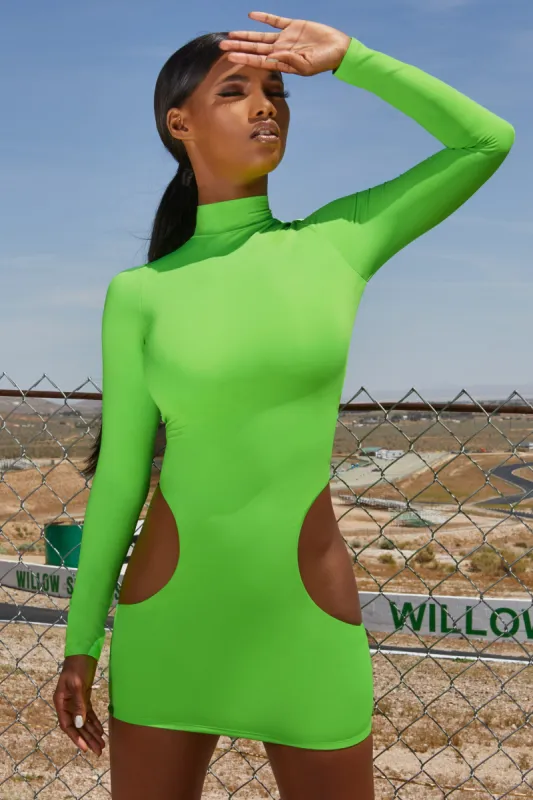 Outsider Long Sleeve Cut Out Bodycon Mini Dress in Neon Lime sold by Oh Polly