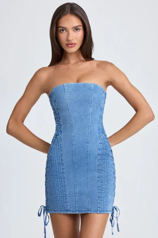 Bandeau Lace-Up Mini Dress in Mid Blue Stonewash sold by Oh Polly