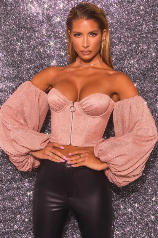 Keep On Shining Bardot Puff Sleeve Crop Top in Rose Gold sold by Oh Polly