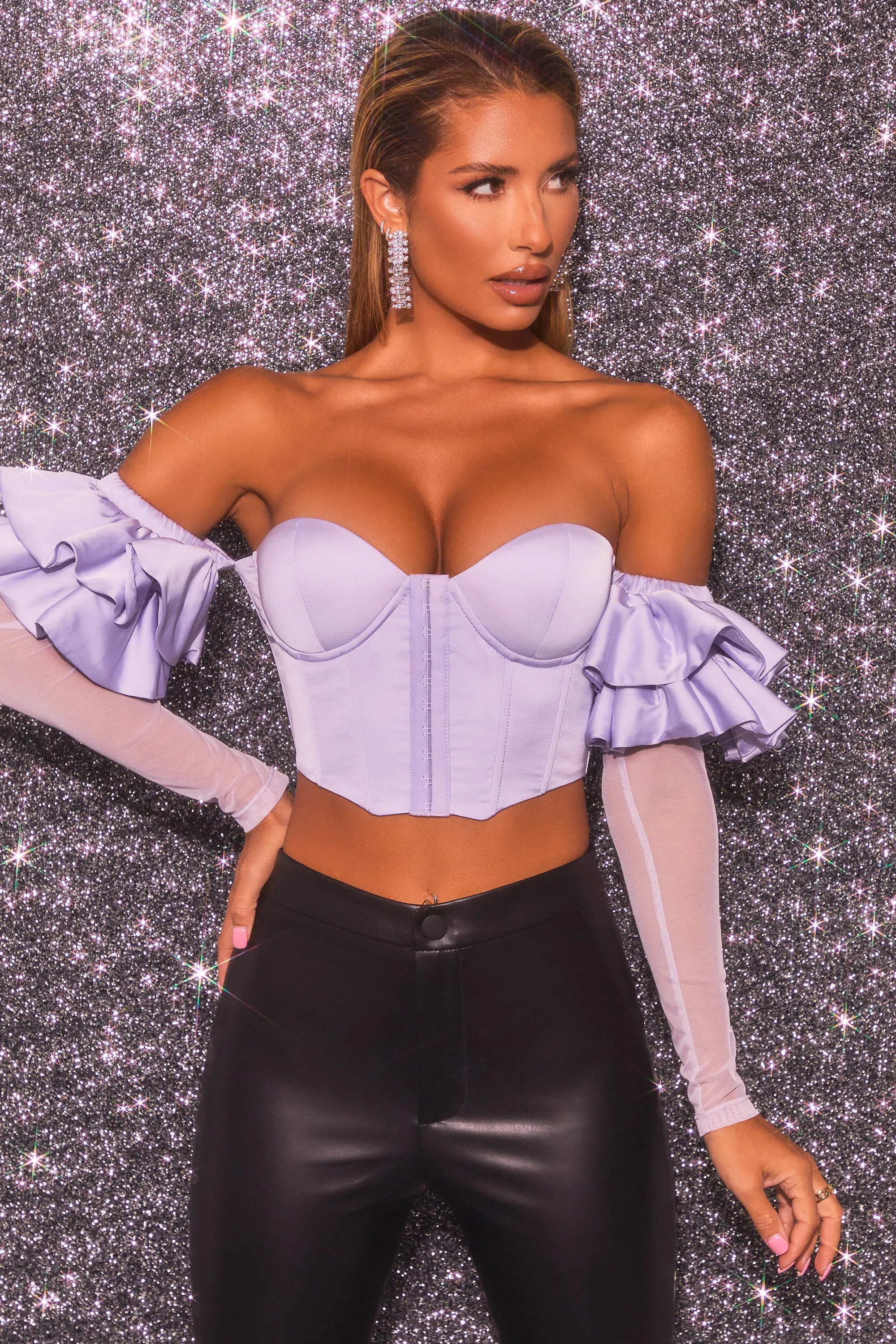 Bardot Long Ruffle Sleeve Corset Crop Top in Lilac sold by Oh Polly product image thumbnail 5