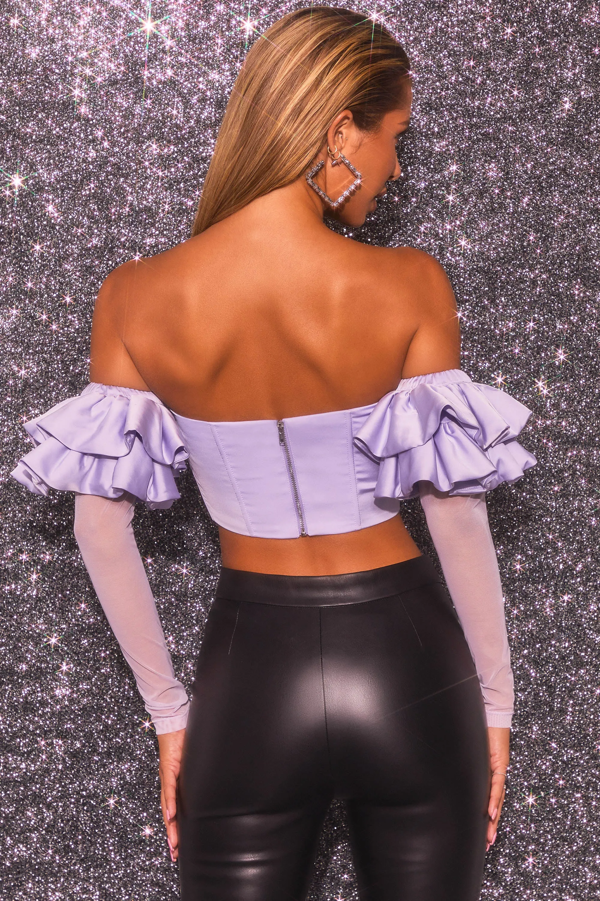 Bardot Long Ruffle Sleeve Corset Crop Top in Lilac sold by Oh Polly product image thumbnail 2