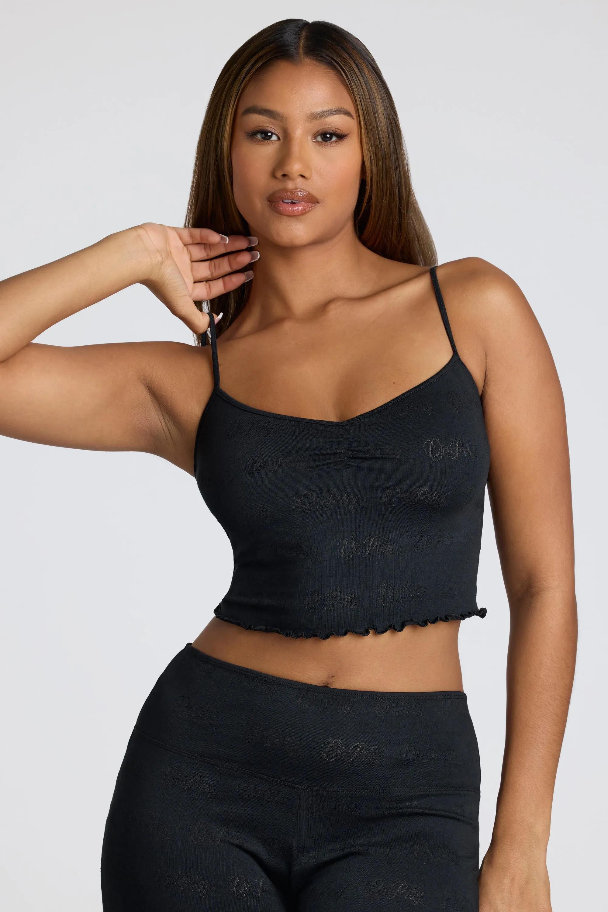 Strappy Ruched Pointelle Crop Top in Black sold by Oh Polly