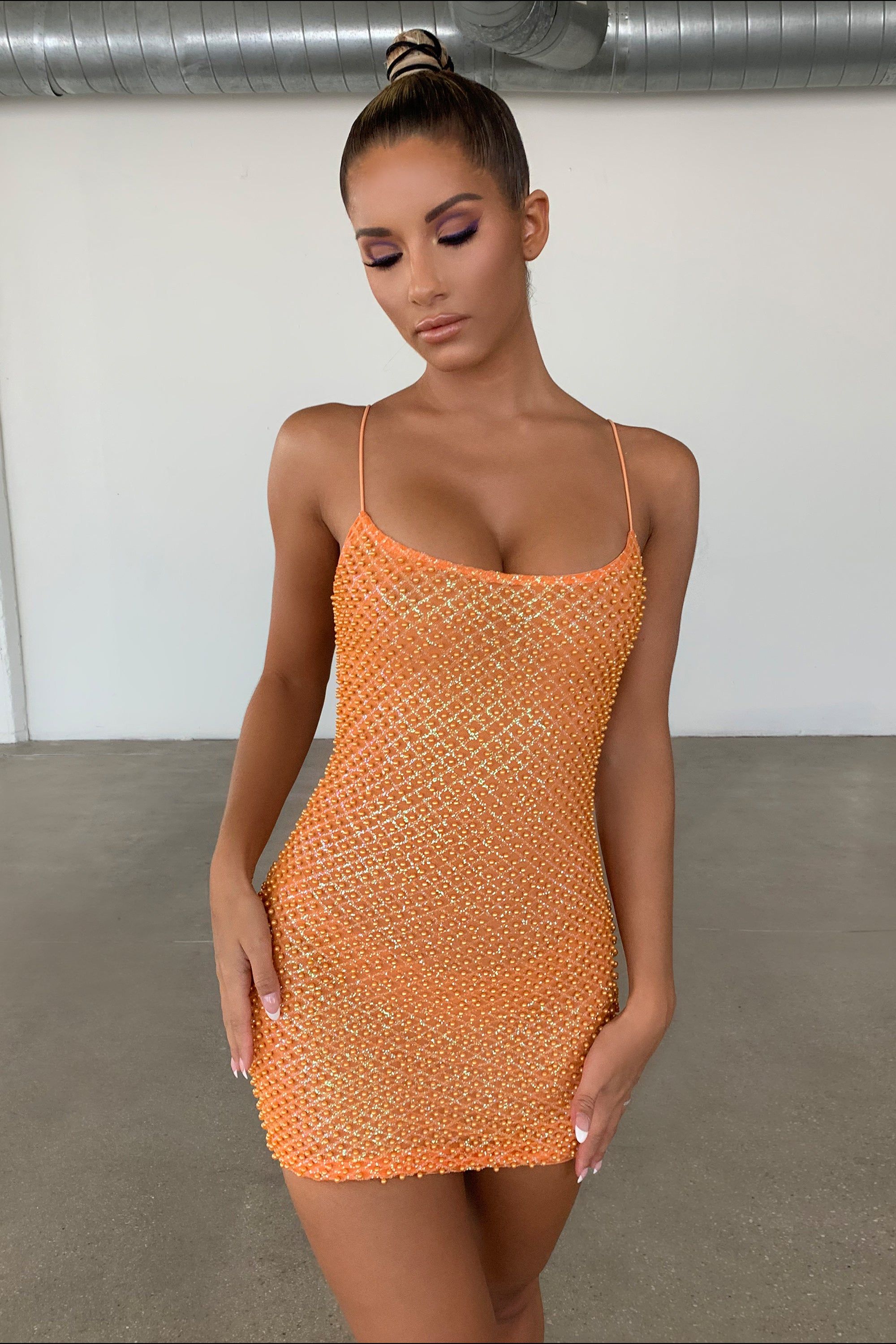 Drop A Glint Embellished Mini Dress in Orange sold by Oh Polly product image thumbnail 13