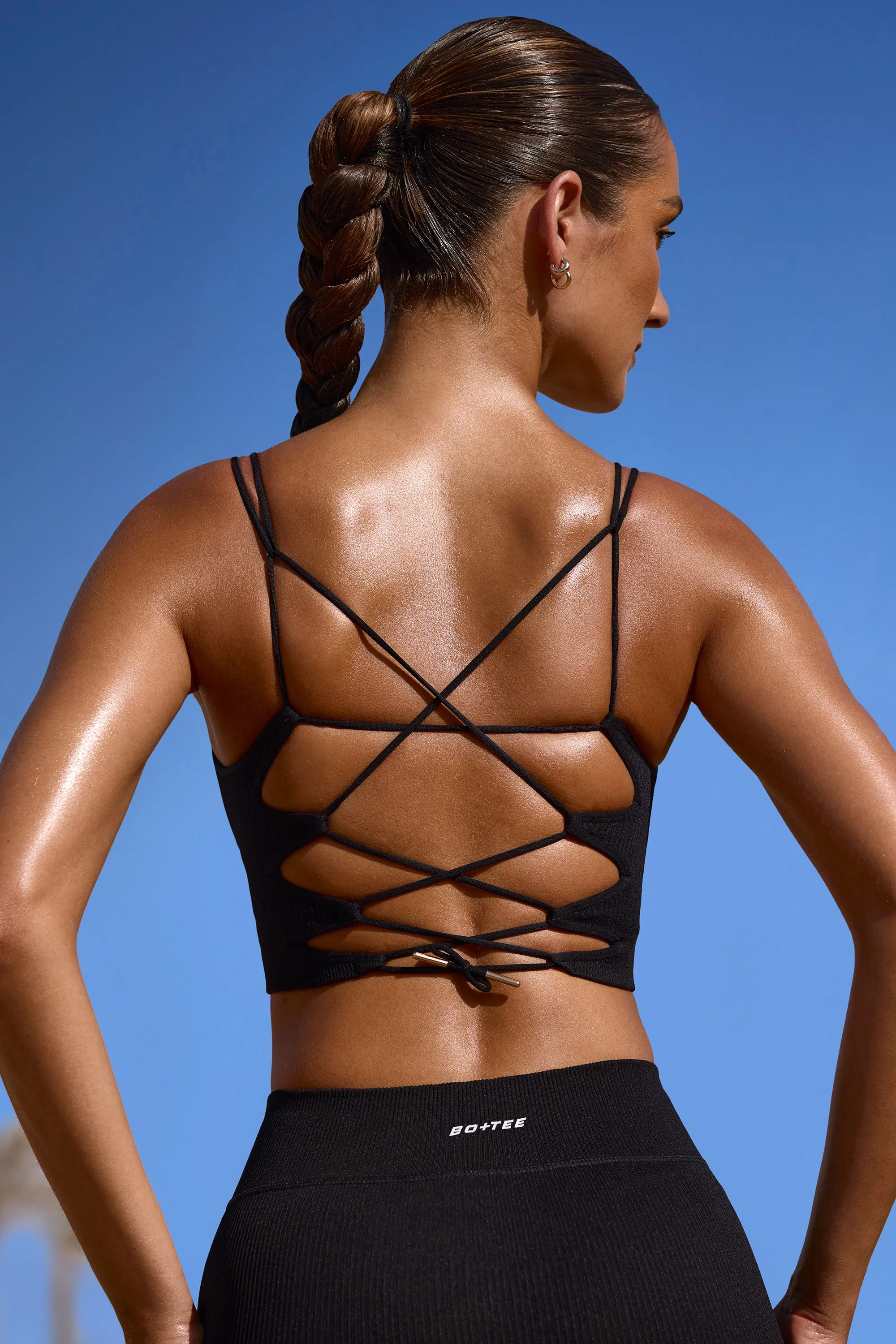 Plunge Neck Open Back FlexiRib Sports Bra in Black sold by Oh Polly product image thumbnail 2