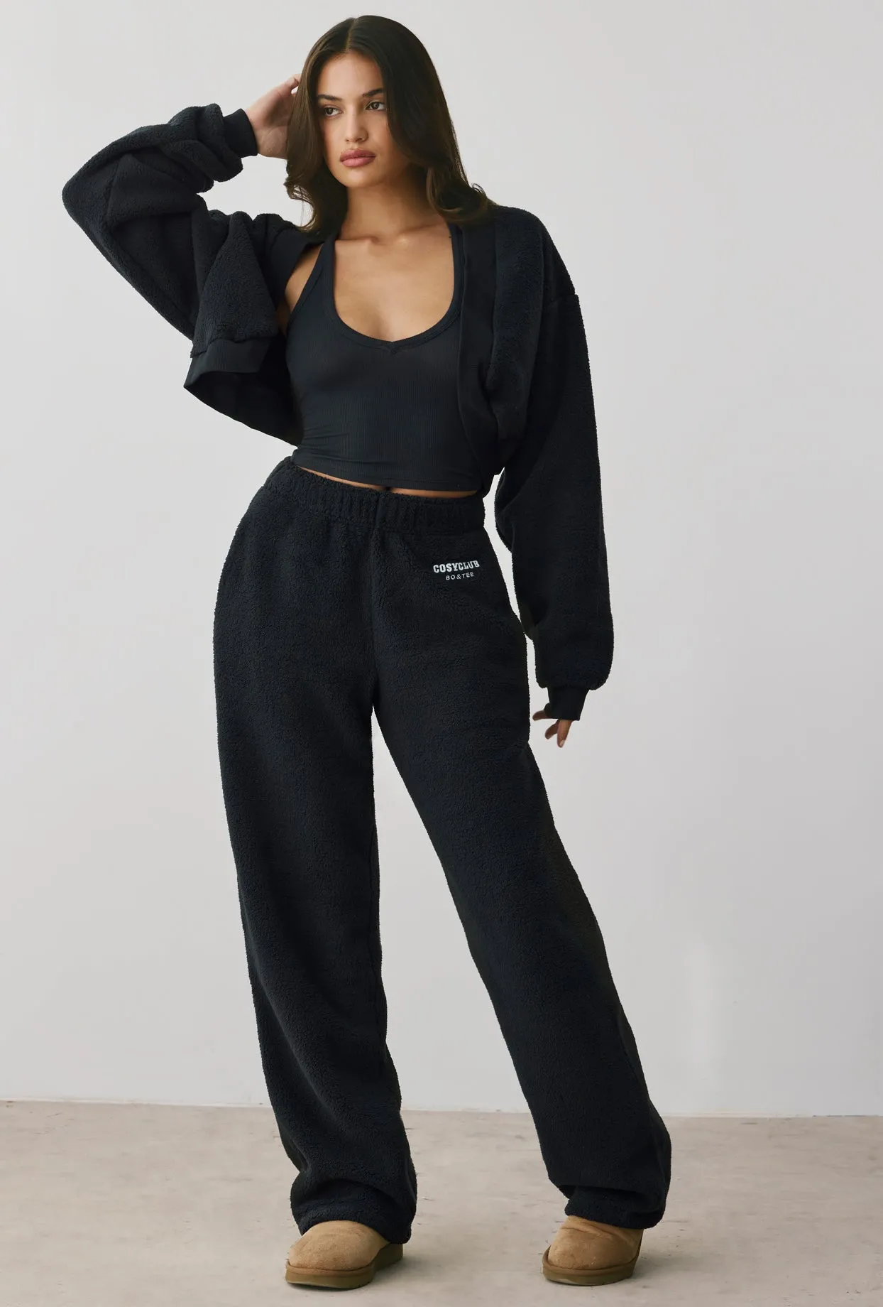 Fleece Wide Leg Joggers in Onyx sold by Oh Polly
