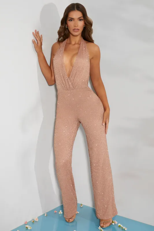 Embellished Plunge Neck Jumpsuit in Beige sold by Oh Polly