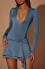 Plunge Neck Long Sleeve Mini Dress in Steel Blue sold by Oh Polly