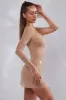 Sheer Embellished Long Sleeve A-Line Mini Dress in Almond sold by Oh Polly