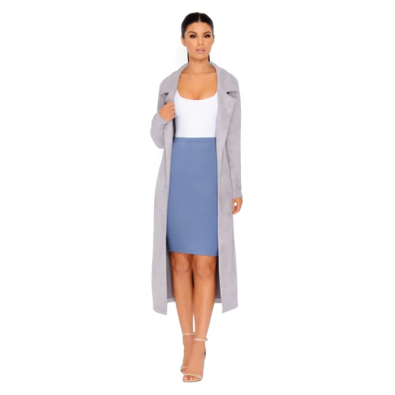 Soft Centered Longline Suedette Coat in Grey made by Oh Polly