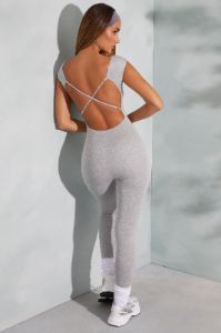 Tall Open Back Scoop Neck Jumpsuit in Marled Grey sold by Oh Polly