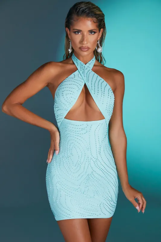 Embellished Twist Neck Mini Dress in Aqua sold by Oh Polly