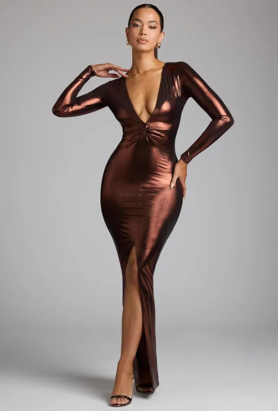 Long Sleeve Metallic Jersey Evening Gown in Copper Bronze sold by Oh Polly
