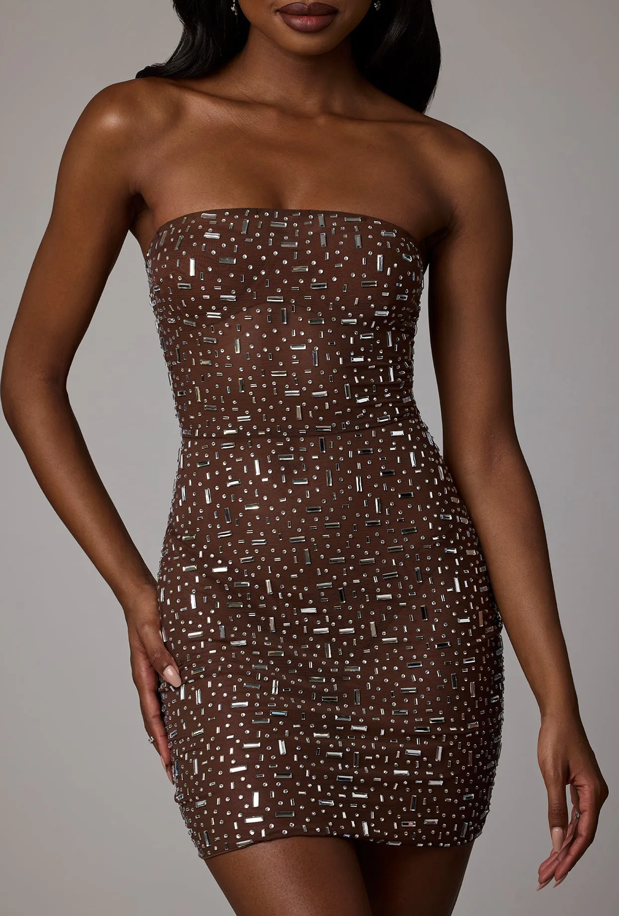 Sheer Embellished Bodycon Mini Dress in Deep Cocoa sold by Oh Polly product image thumbnail 5