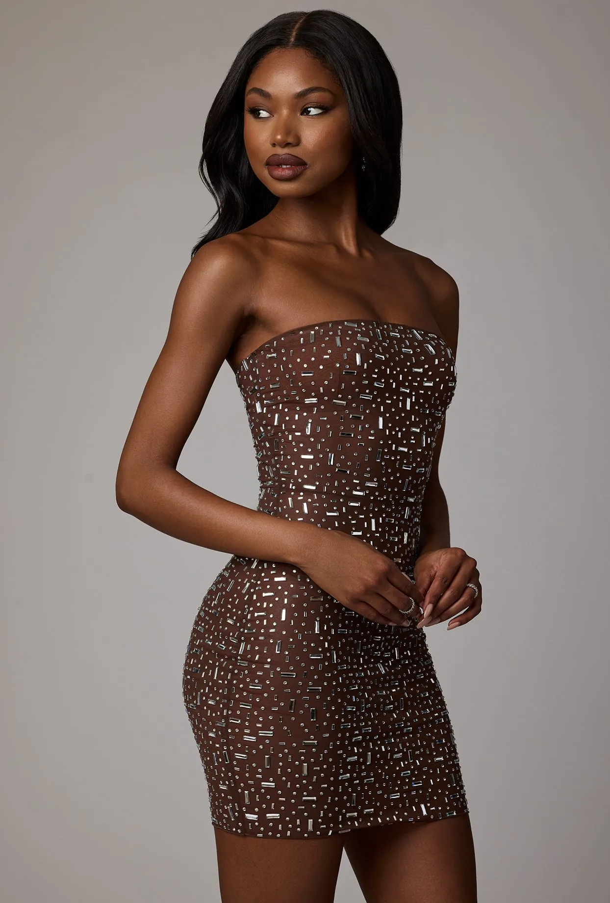 Sheer Embellished Bodycon Mini Dress in Deep Cocoa sold by Oh Polly product image thumbnail 3