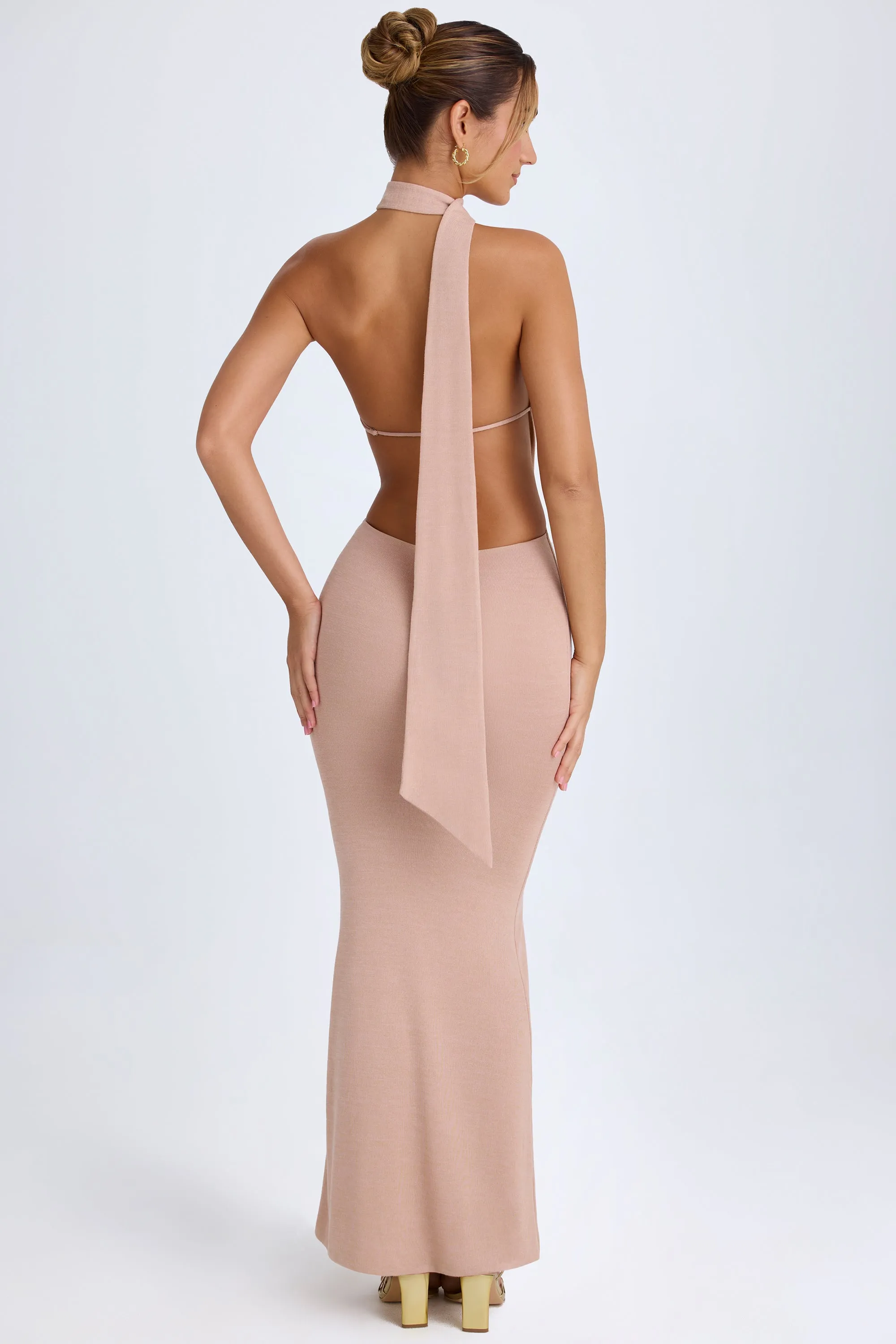 Scarf-Detail Cut-Out Halterneck Maxi Dress in Warm Peach sold by Oh Polly product image thumbnail 4
