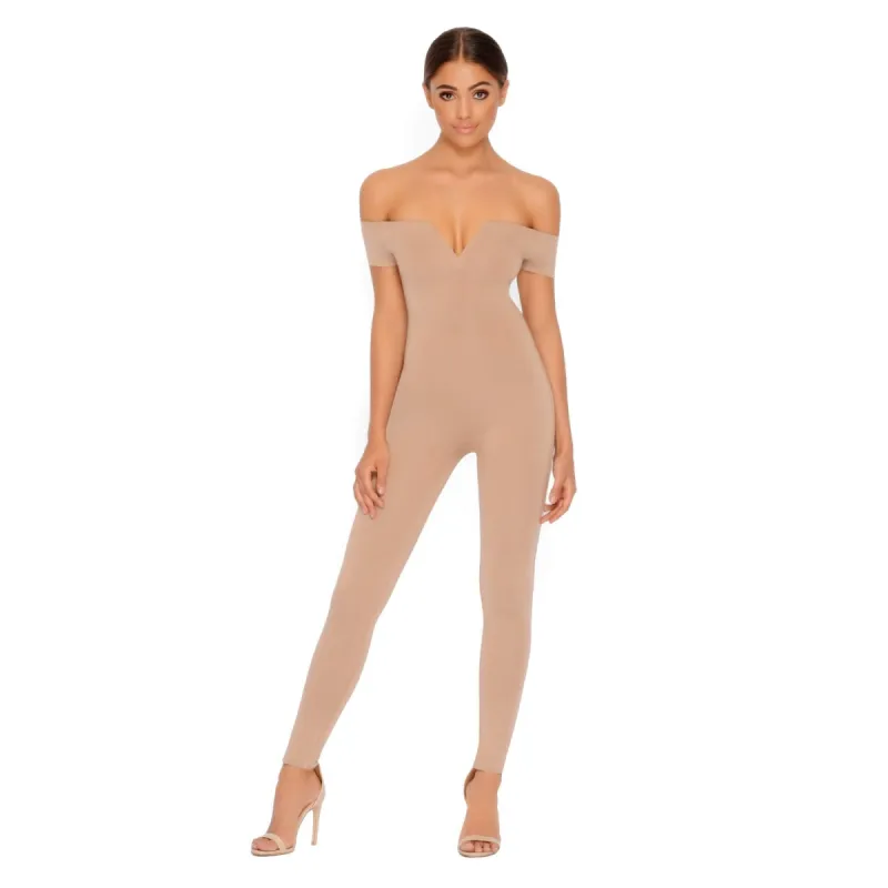 You Can't Handle V Double Layered Jumpsuit in Tan sold by Oh Polly