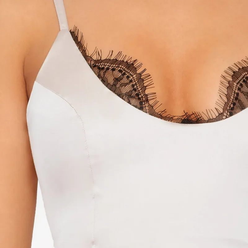 Lace Against The Clock Satin Thigh Split Midi Dress in Beige sold by Oh Polly