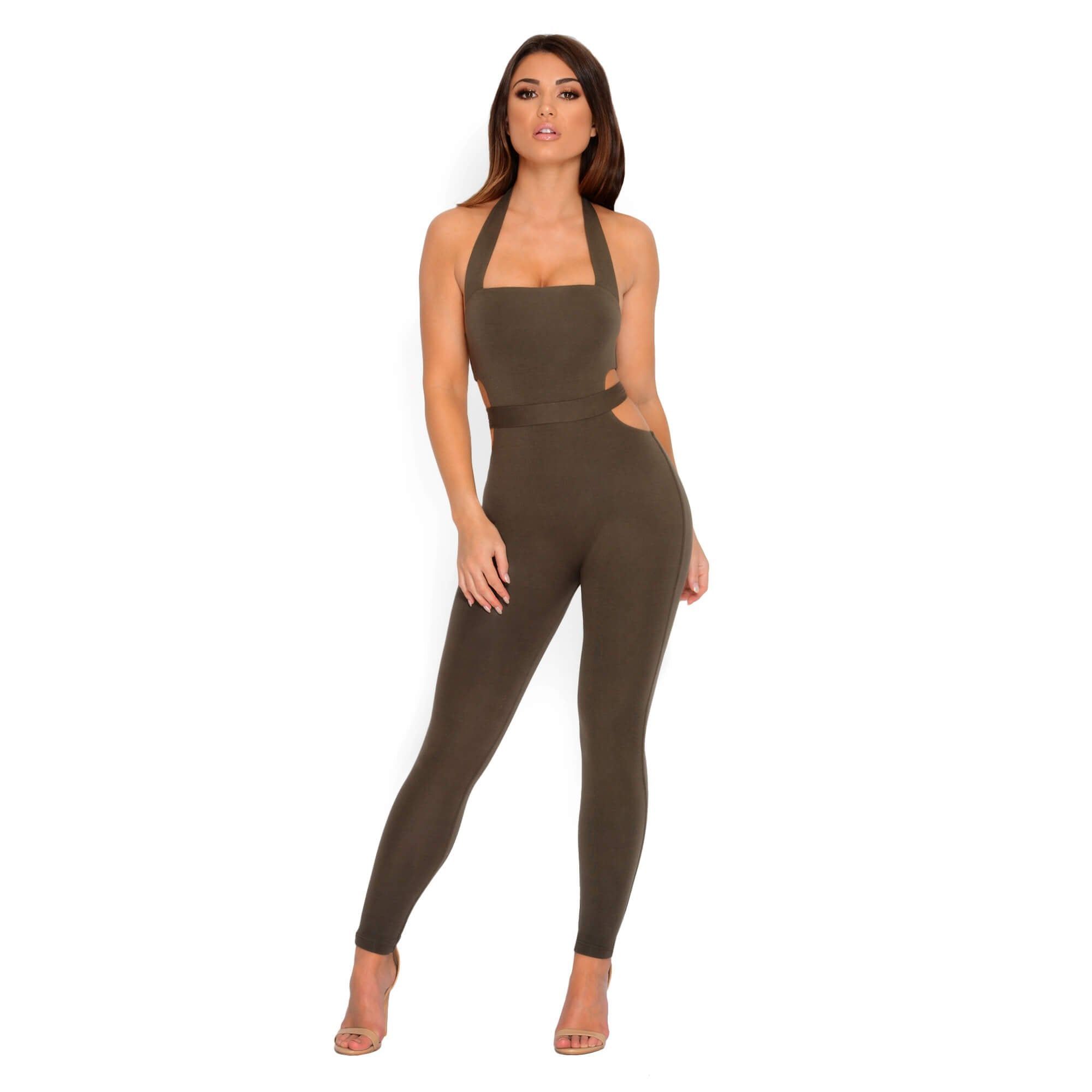Hips Don't Lie Halter Neck Jumpsuit in Khaki sold by Oh Polly
