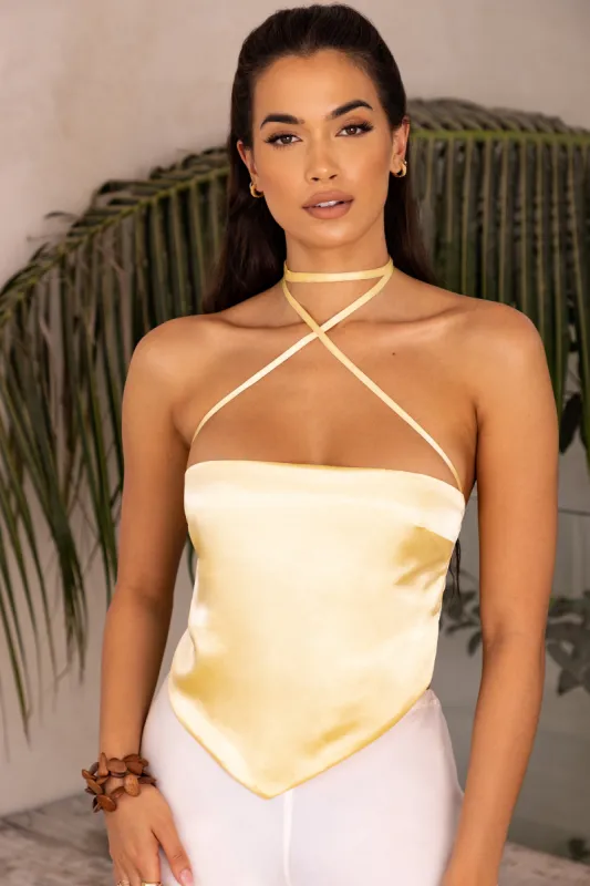 Hot Springs Satin Crossover Scarf Top in Yellow made by Oh Polly