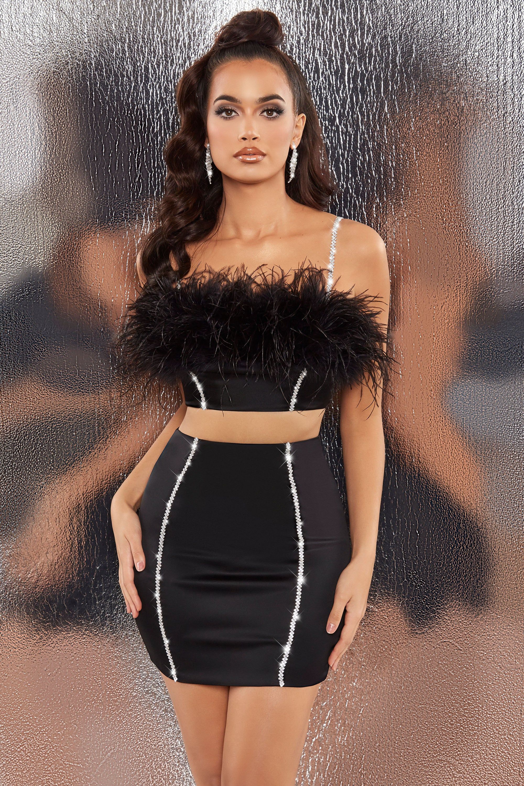 Bring The Party Embellished Satin Feather Crop Top in Black sold by Oh Polly product image thumbnail 2