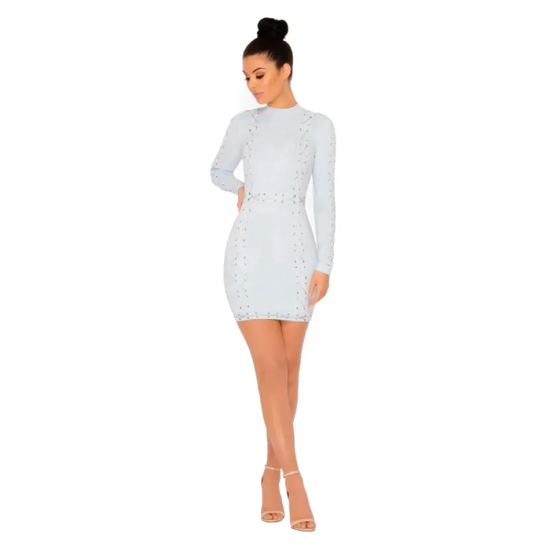 Don't Cross Me Suede Lace Up Mini Dress in Serenity Blue made by Oh Polly