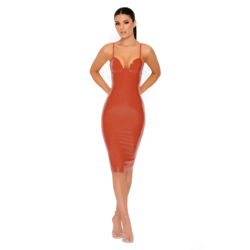 On Cloud Shine Structured Vinyl Midi Dress in Rust Orange made by Oh Polly