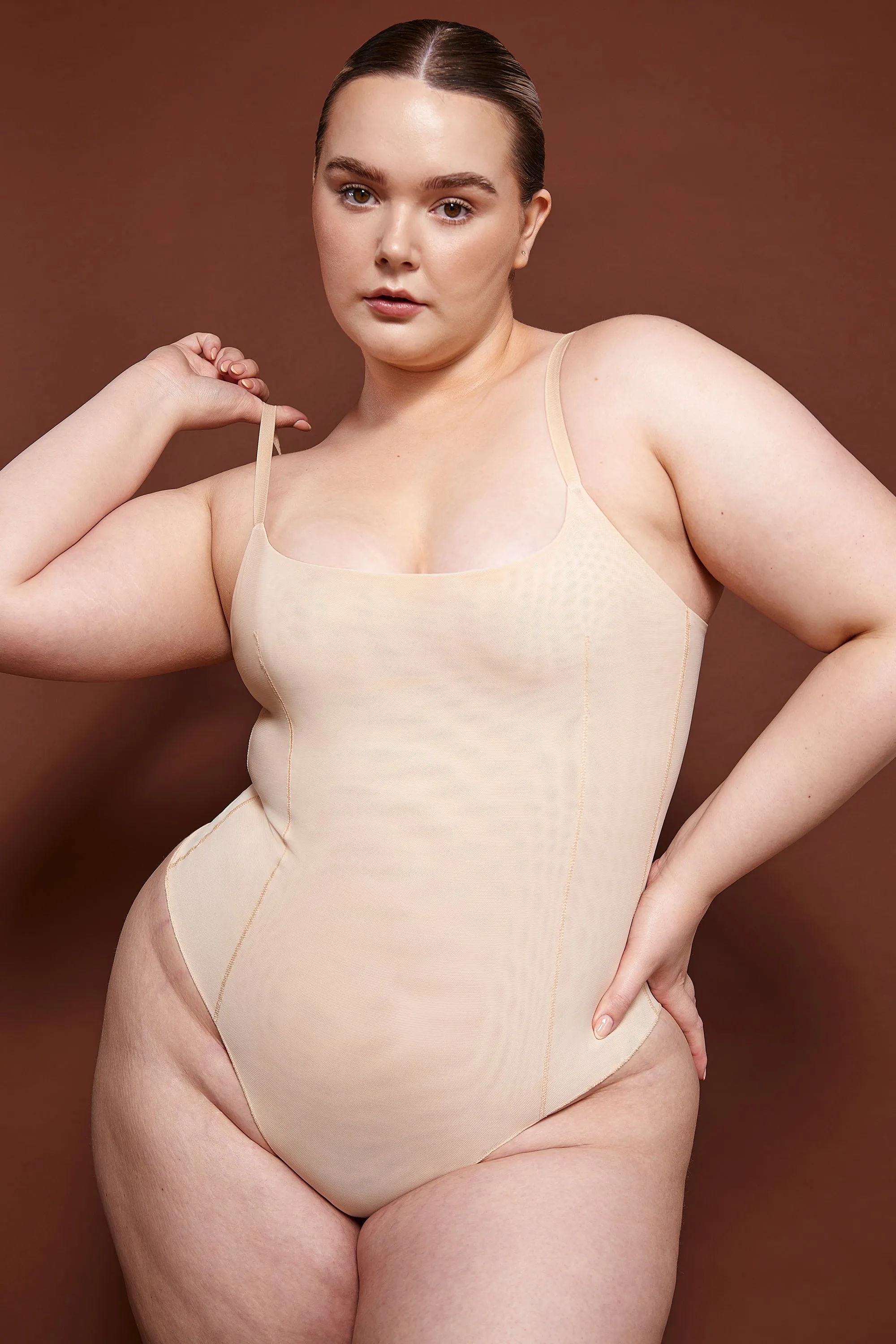 Soft Mesh Bodysuit in Beige sold by Oh Polly