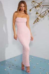 Embellished Bandeau Cowl Neck Maxi Dress in Blush sold by Oh Polly