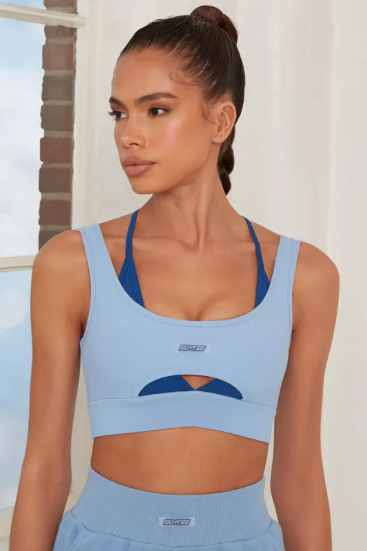 Ready Layered Cut Out Ribbed Sports Bra in Blue sold by Oh Polly