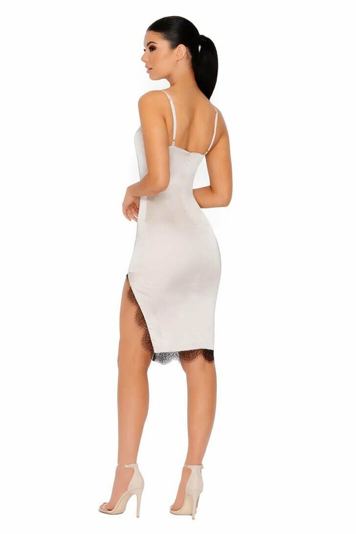 Lace Against The Clock Satin Thigh Split Midi Dress in Beige sold by Oh Polly product image thumbnail 17