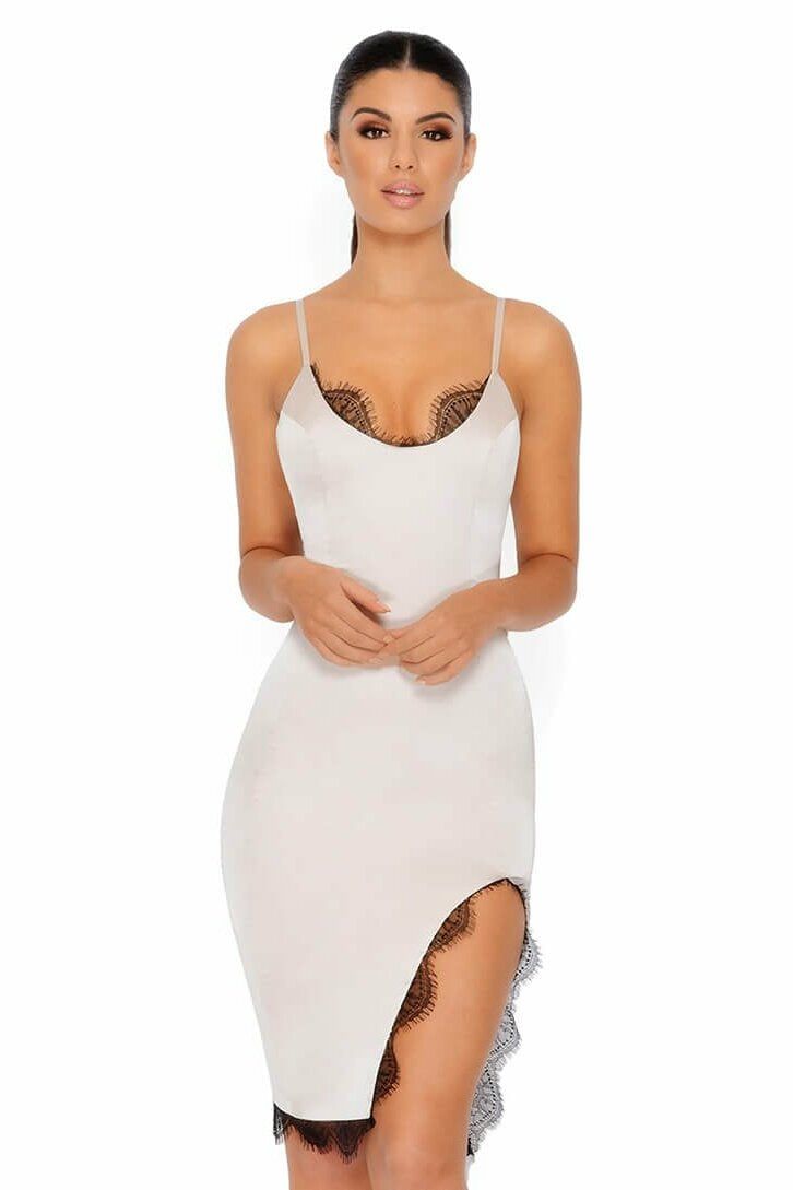 Lace Against The Clock Satin Thigh Split Midi Dress in Beige sold by Oh Polly product image thumbnail 14