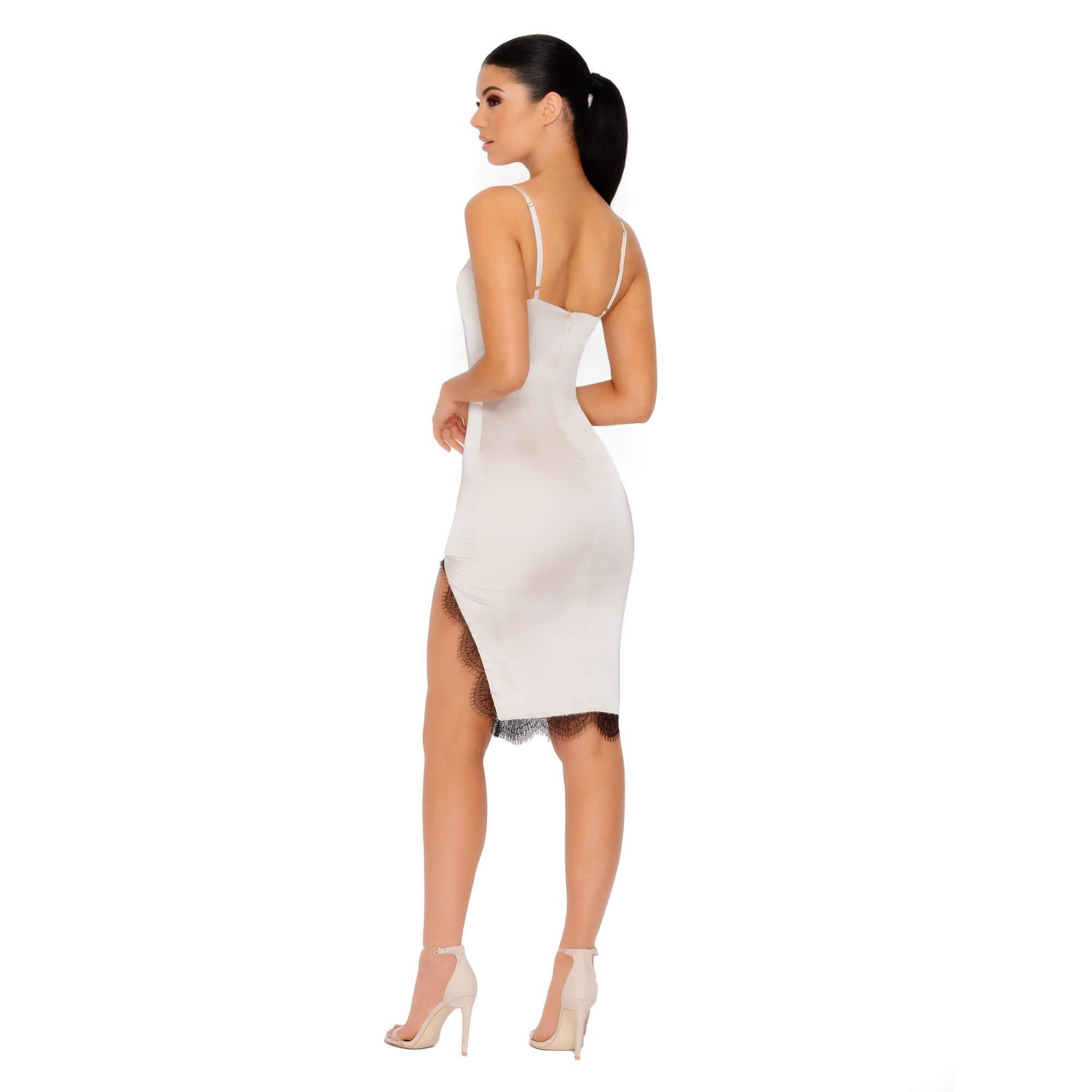 Lace Against The Clock Satin Thigh Split Midi Dress in Beige sold by Oh Polly product image thumbnail 13