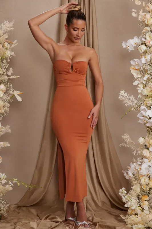Strapless Thigh High Split Maxi Dress in Tan sold by Oh Polly