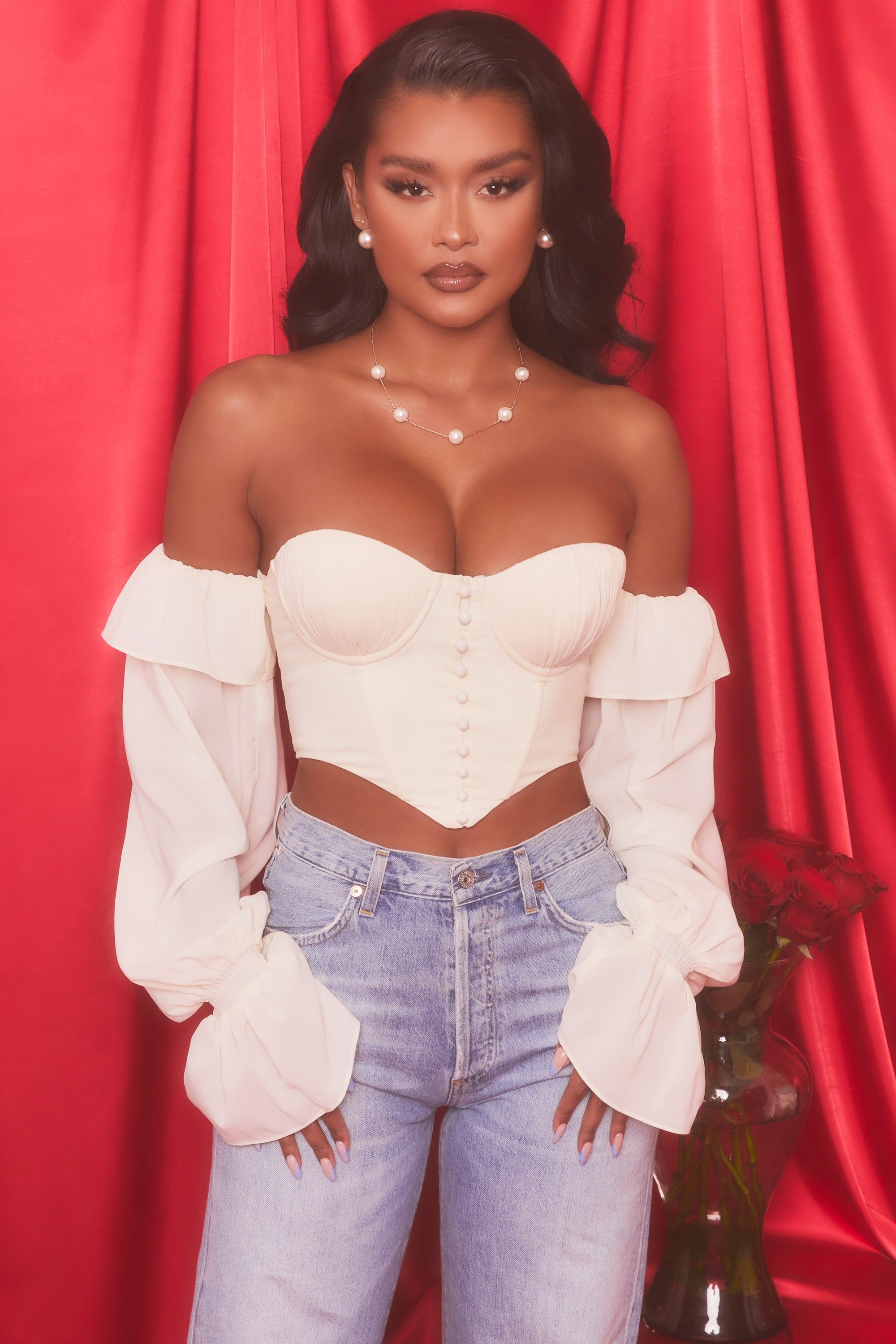 Chasing Love Bardot Long Sleeve Crop Top in Oyster White sold by Oh Polly product image thumbnail 6