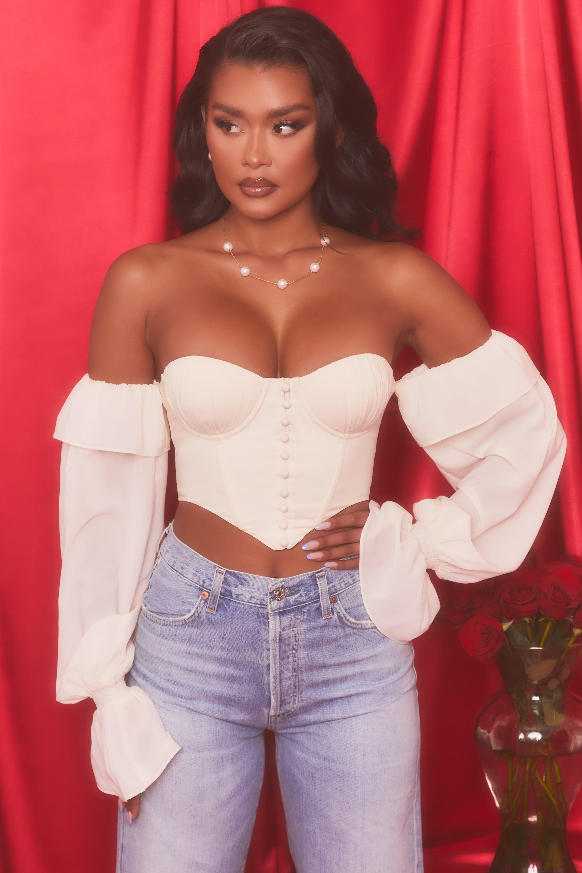 Chasing Love Bardot Long Sleeve Crop Top in Oyster White sold by Oh Polly product image thumbnail 4