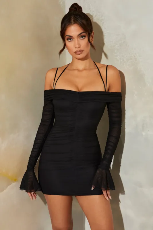 Bardot Long Sleeve Ruched Mini Dress in Black sold by Oh Polly