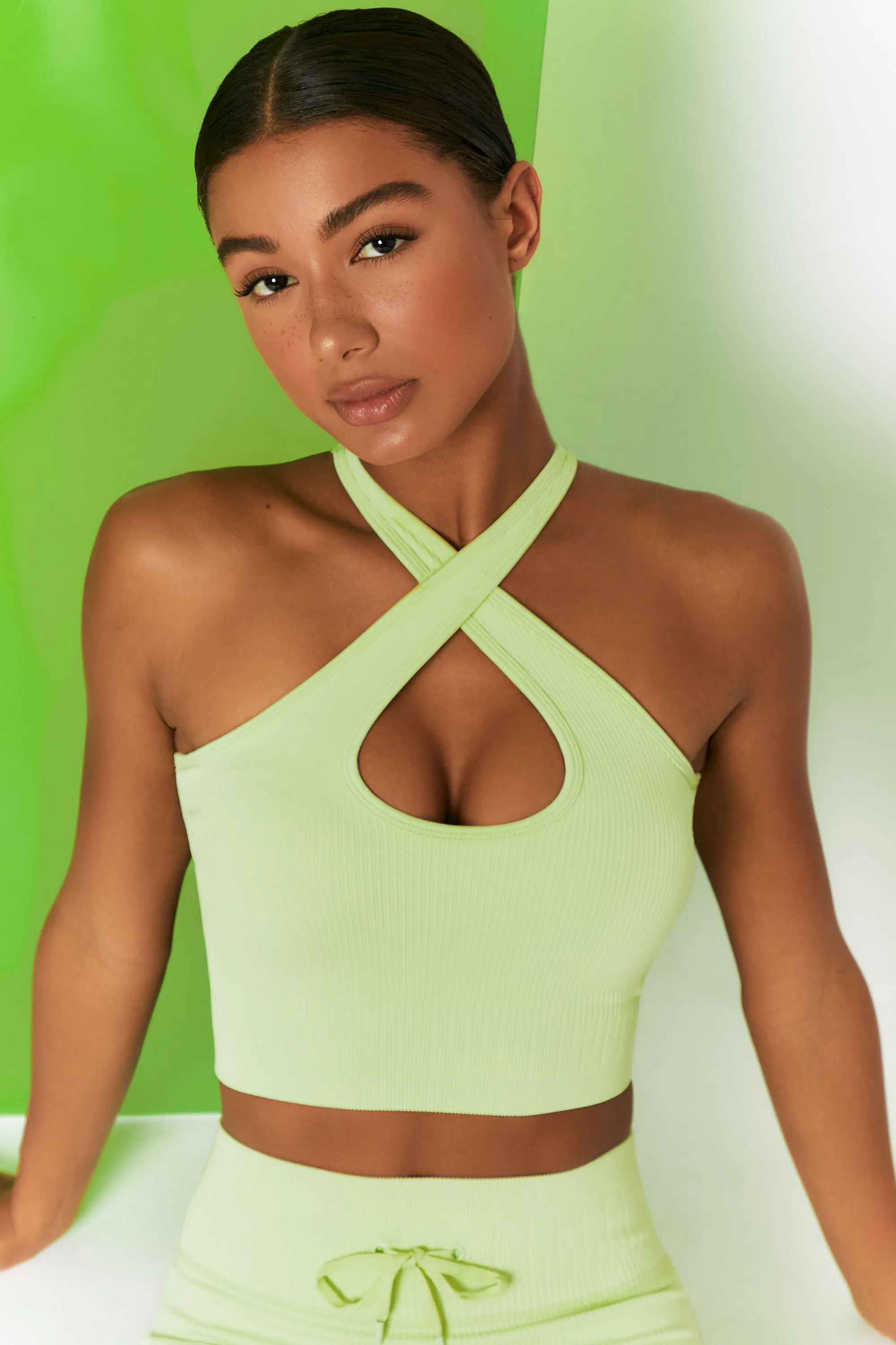Ribbed Halter Crop Top in Lime sold by Oh Polly