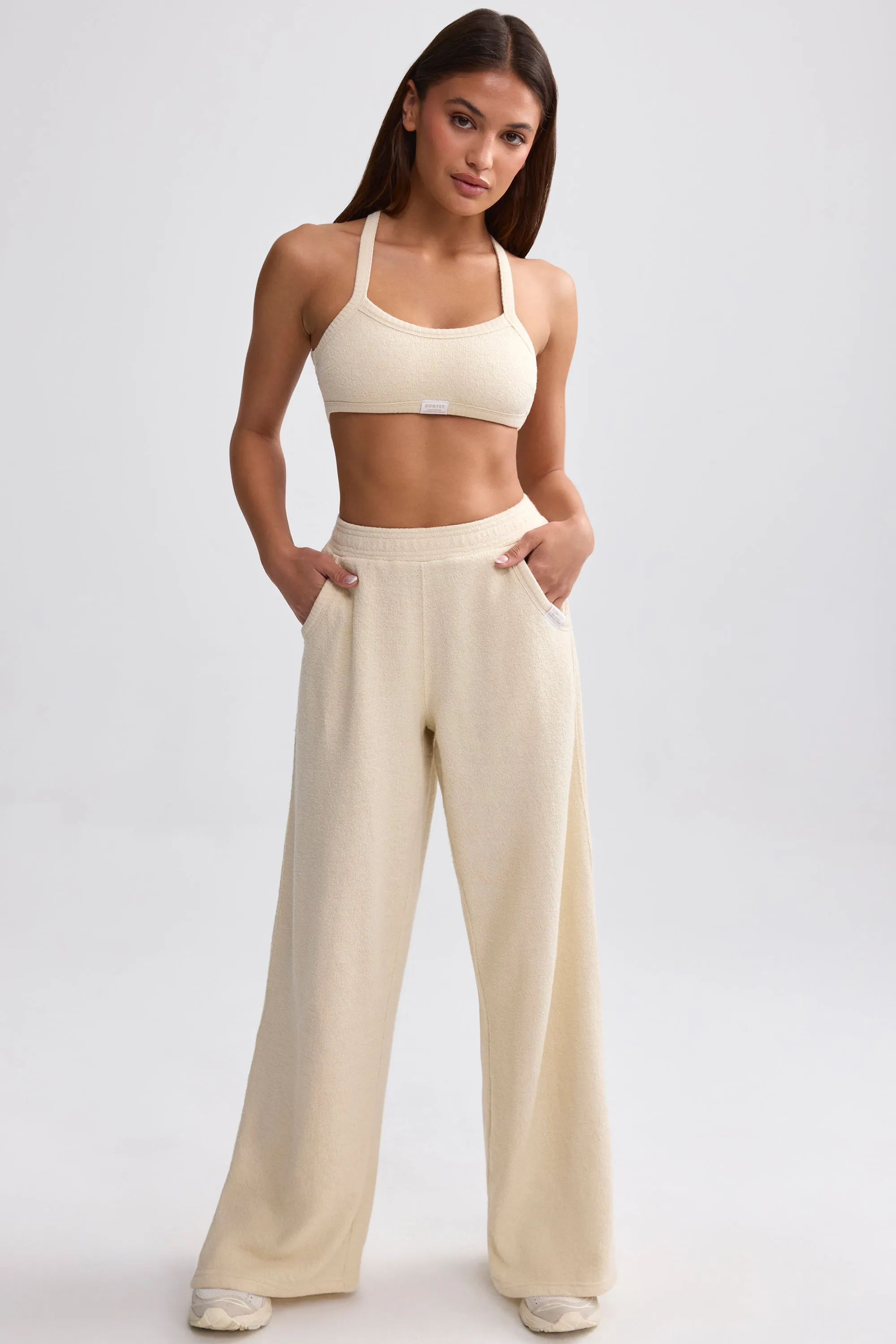 Petite Terry Towelling Wide-Leg Joggers in Cream sold by Oh Polly product image thumbnail 5