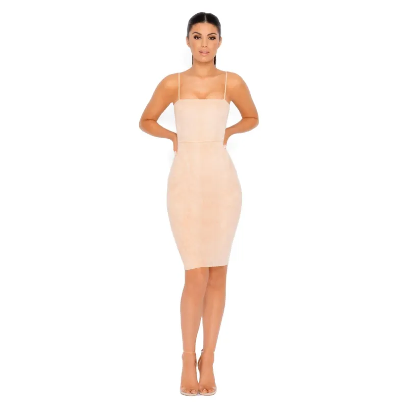 Throwing Suede Strappy Knee Length Dress in Camel sold by Oh Polly