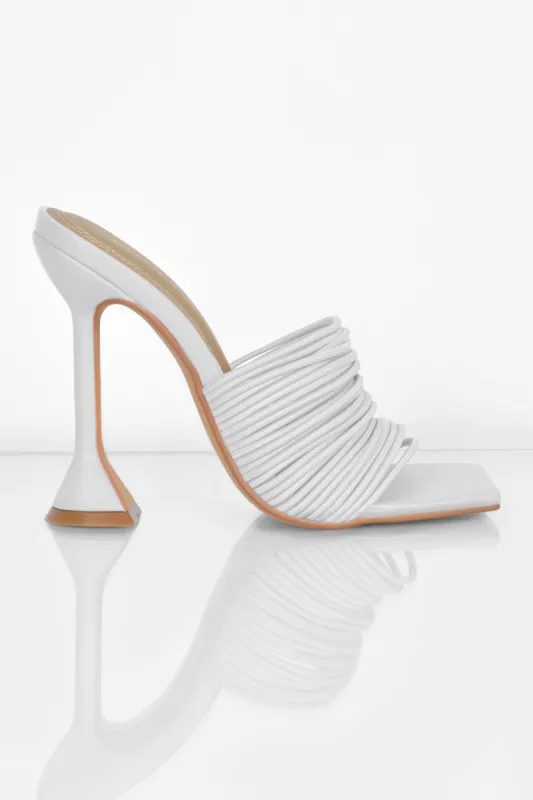 Through The Wire Multi Strap Mule Heels in White sold by Oh Polly
